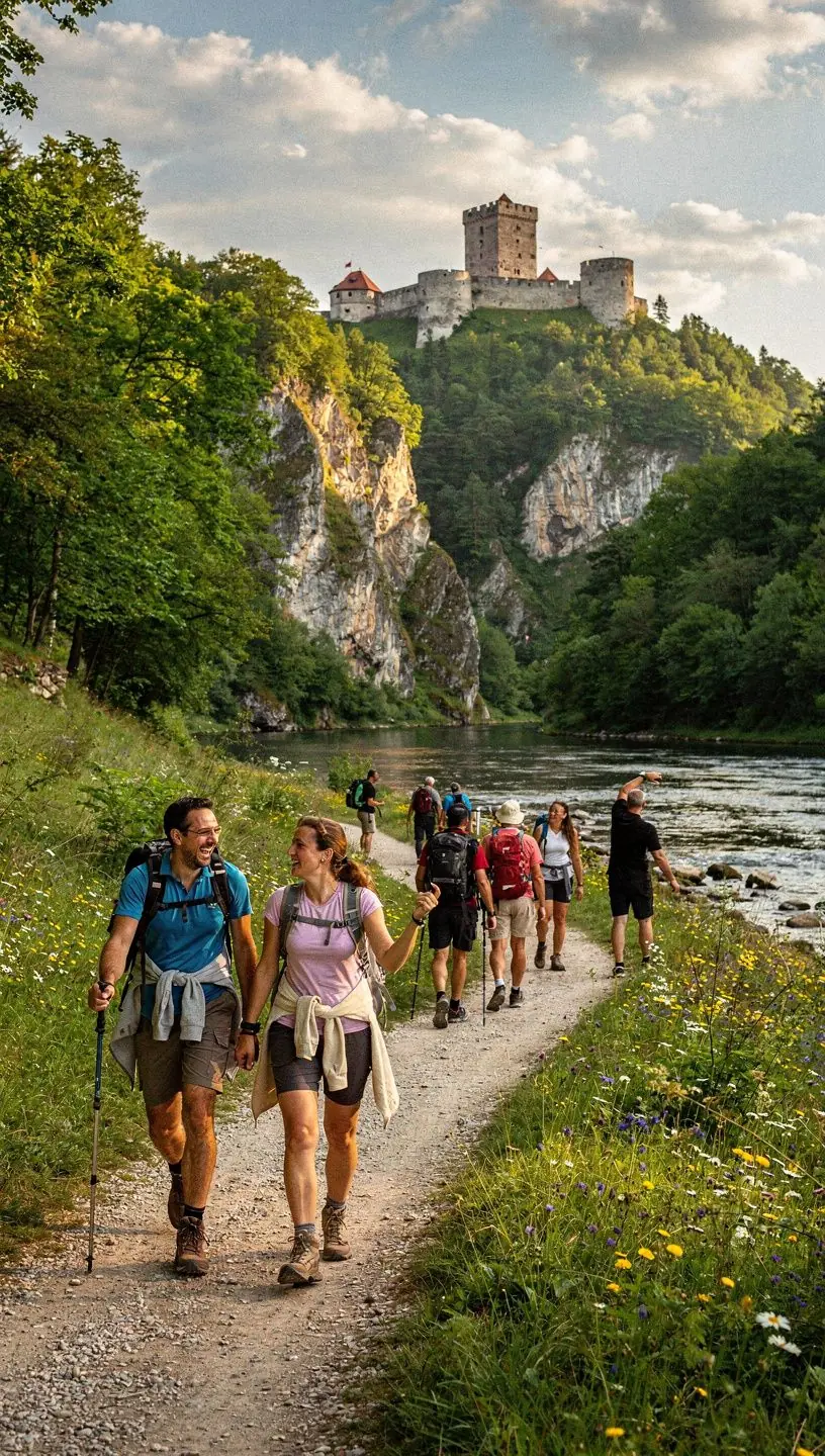 A group of tourists enjoying a guided tour along the river, capturing memories with their cameras amidst scenic landscapes.