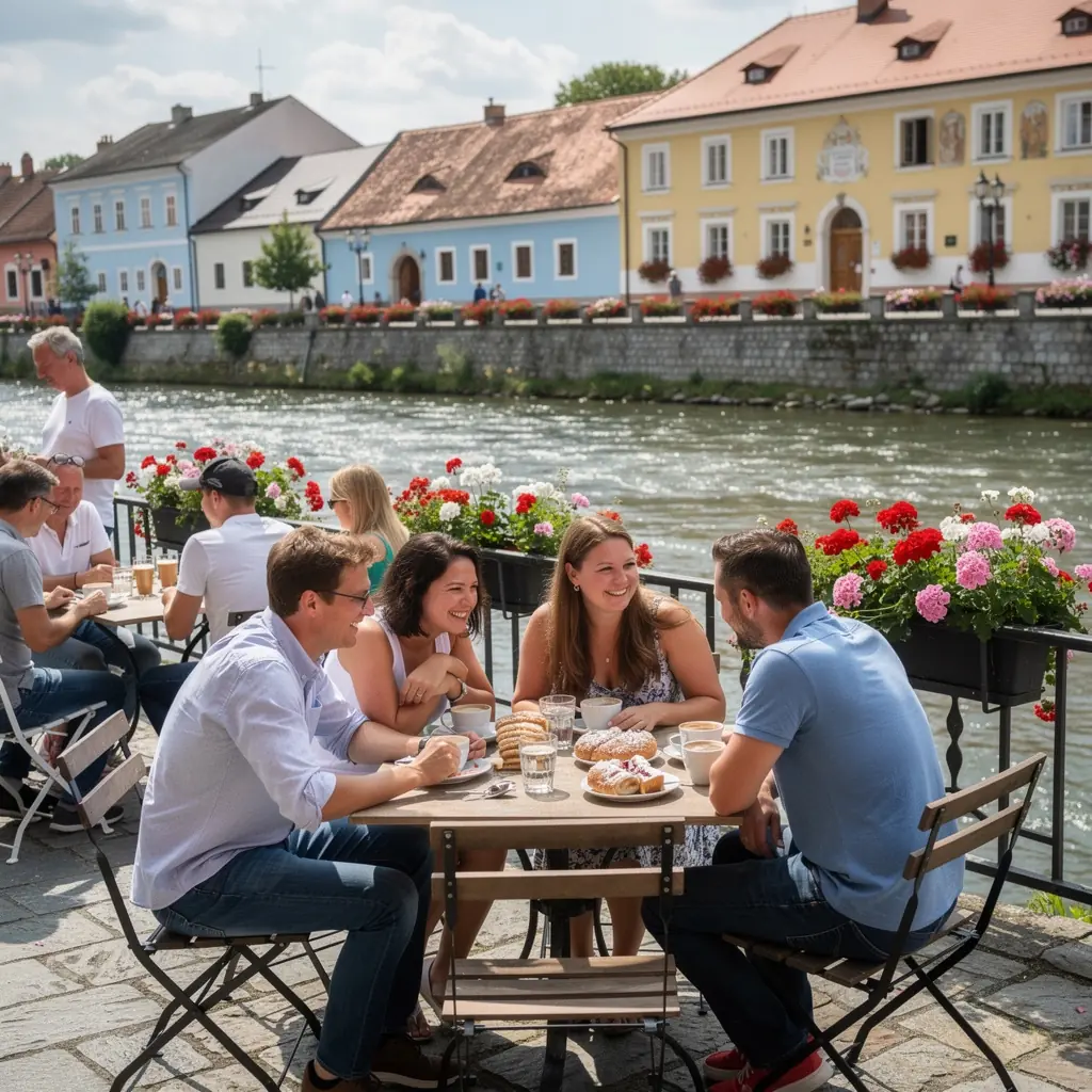 A picturesque view of a Danube river cruise boat gliding through the tranquil waters surrounded by lush green hills.