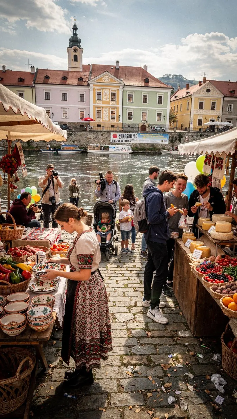 Tourists enjoying a leisurely stroll along the riverbank, taking in the sights of historic architecture and natural beauty.